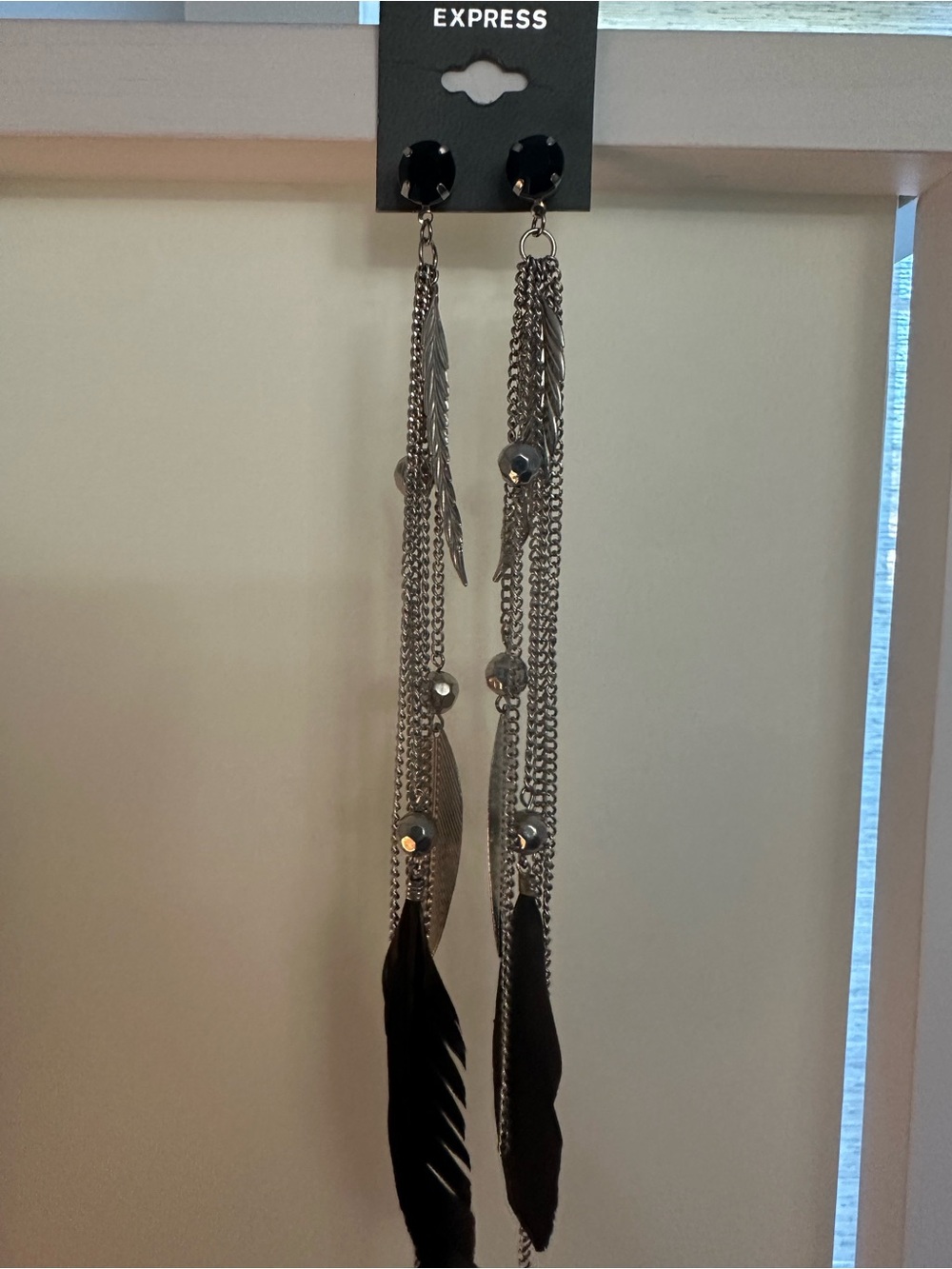 Express Silver-Tone Chain Earrings with Black Feathers